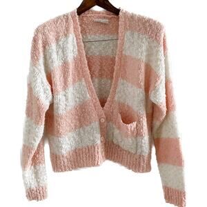 Vintage Deb boucle striped knit v-neck button down cardigan sweater size large L